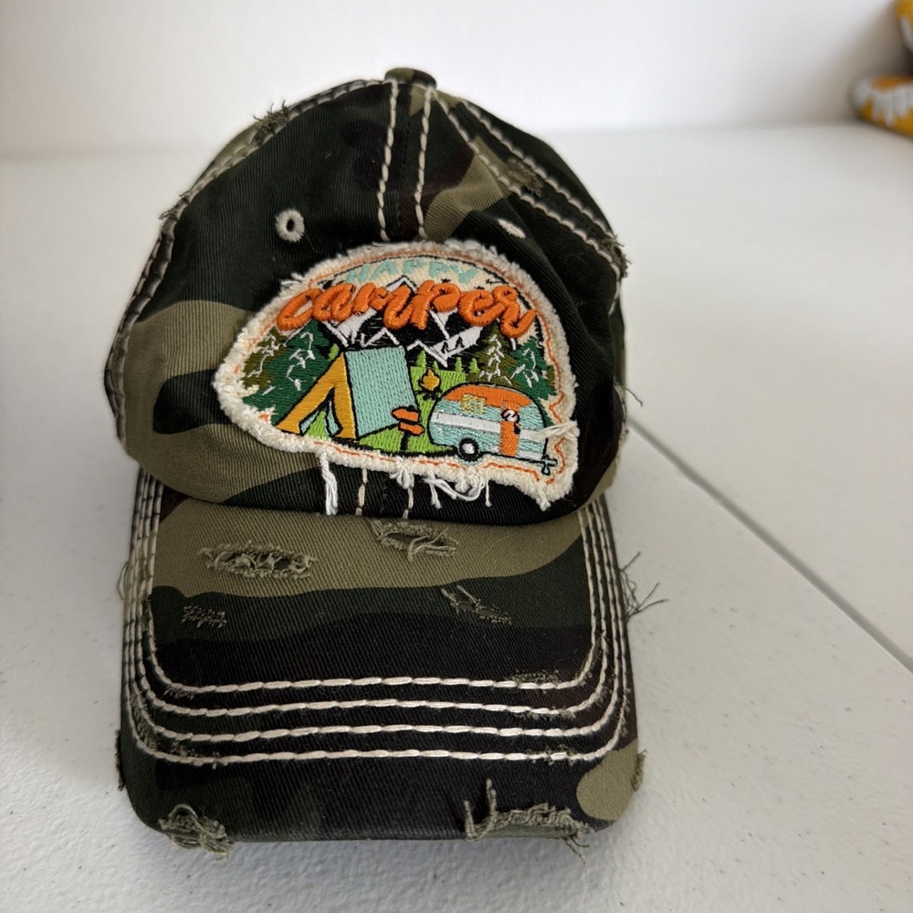 4350 New Happy Camper Trailer Tent Embroidered 100% Cotton Camo Cap